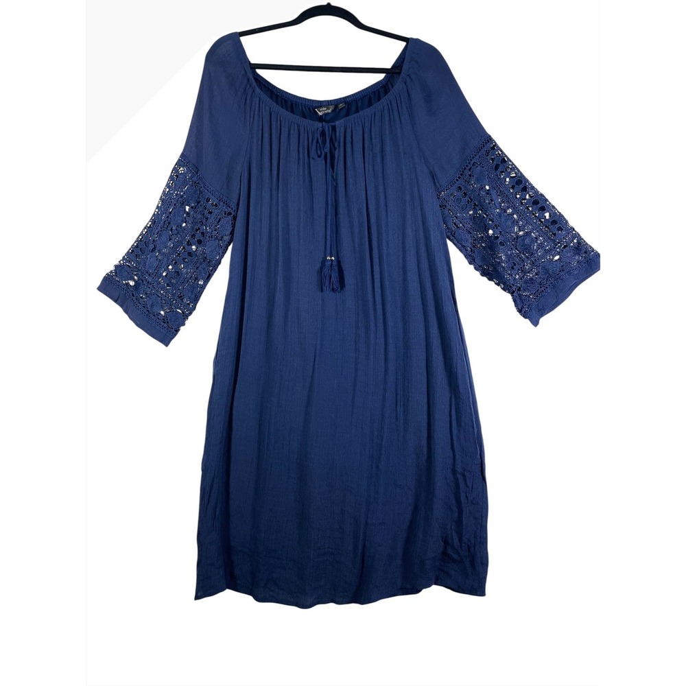 Mlle Gabrielle Crochet Sleeve Dress Tie Front Casual Blue‎ Dress Size M Women